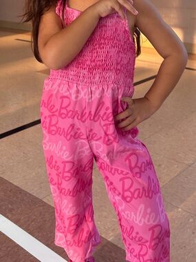PatPat Pink Barbie Logo Smocked Jumpsuit EUC